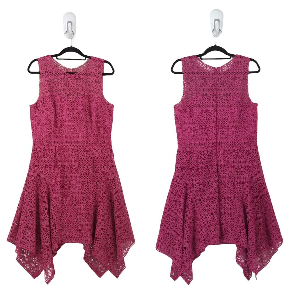 Theia Women 14 Dress Purple Lace Crochet Sleeveless Handkerchief Eyelet Overlay